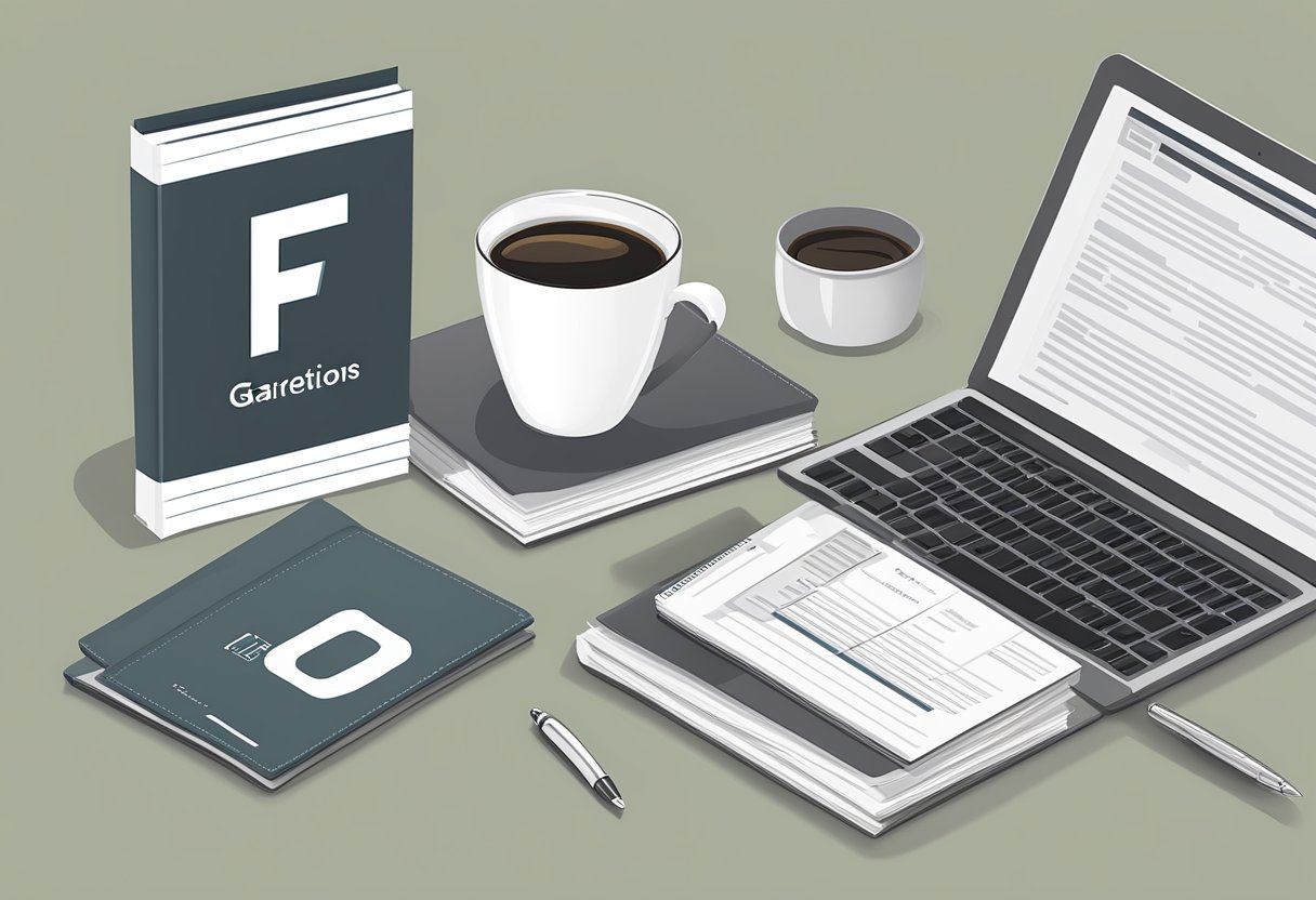 A stack of FAQ documents with "Frequently Asked Questions Garrett Singapore" printed on the cover, surrounded by a laptop, pen, and coffee mug