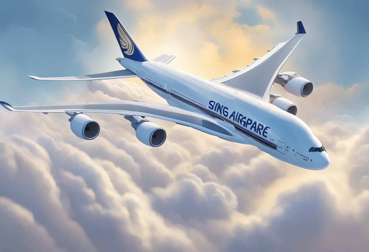 The iconic Singapore Air A380 soars through the clouds, with its sleek and modern design cutting through the sky
