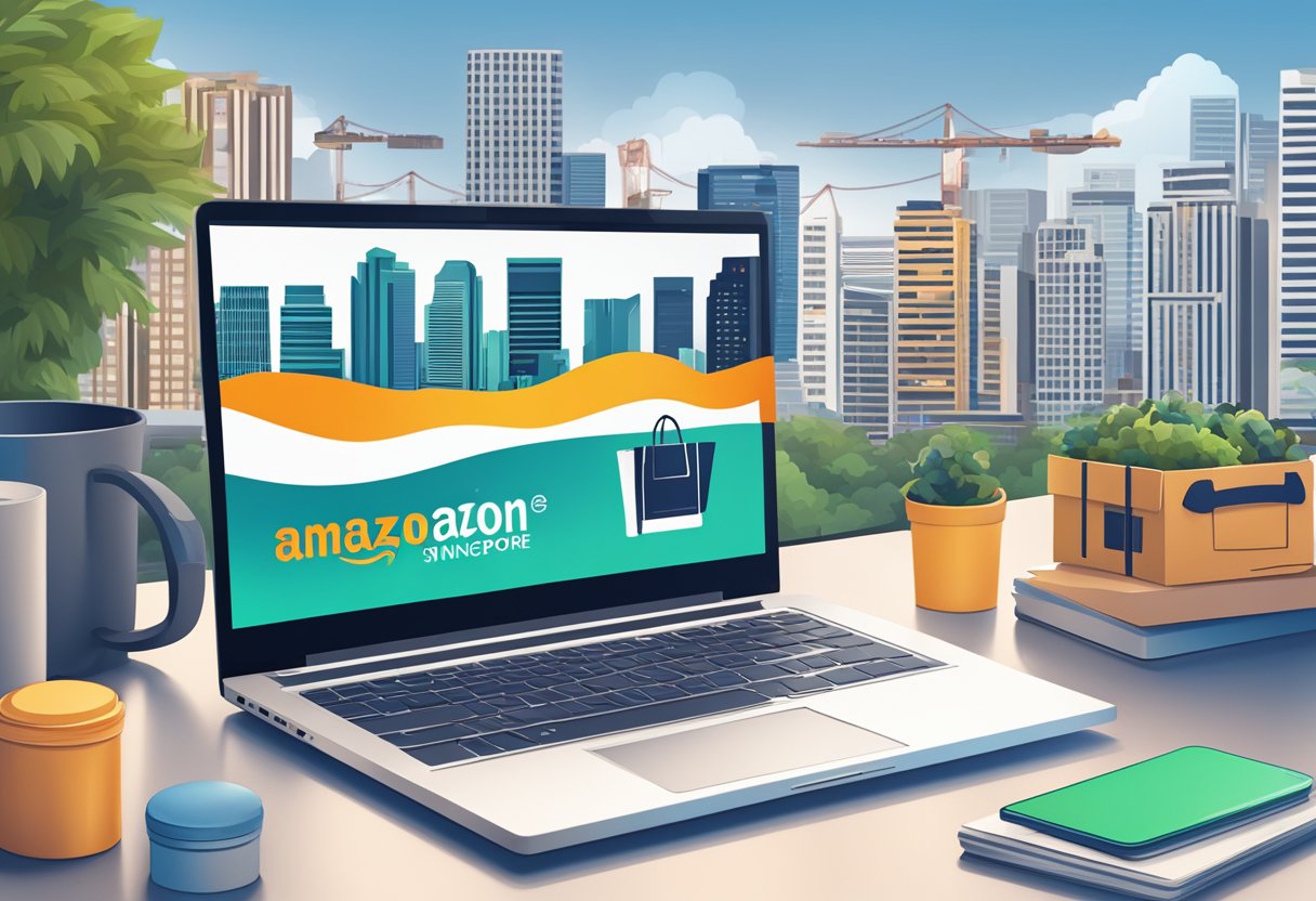 A laptop displaying the Amazon Singapore homepage with various products, a shopping cart icon, and the Singapore skyline in the background