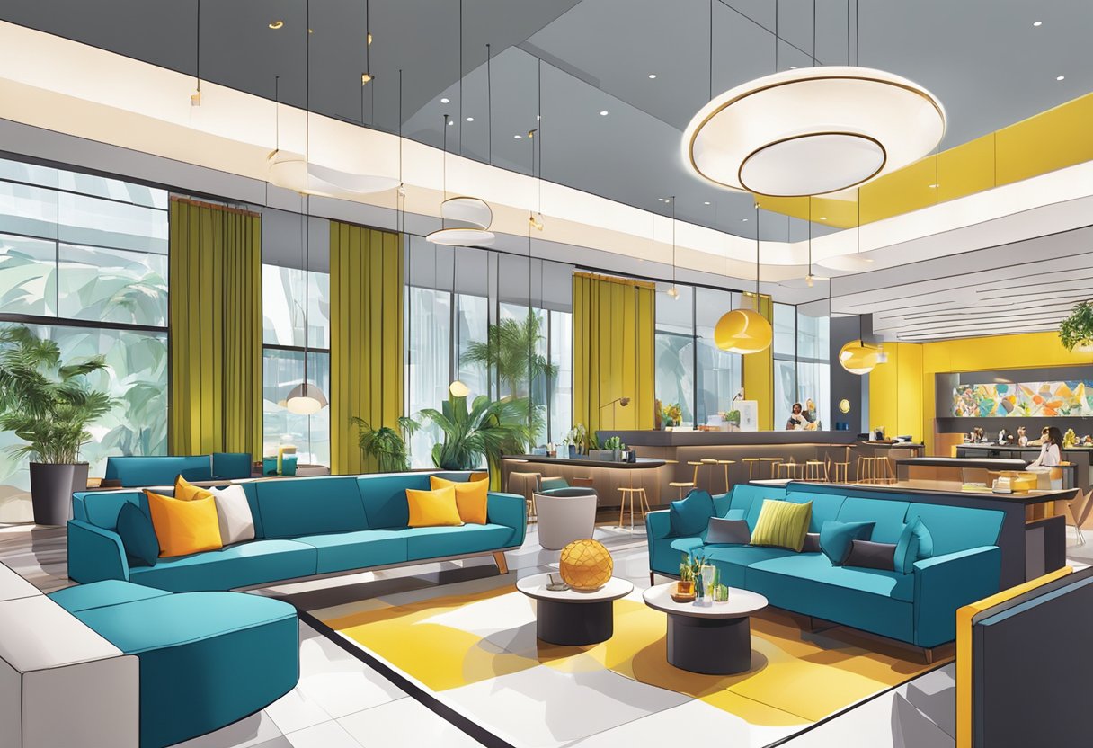 The bustling lobby of M Social Hotel Singapore, with modern furniture and vibrant decor, exudes an energetic and stylish atmosphere