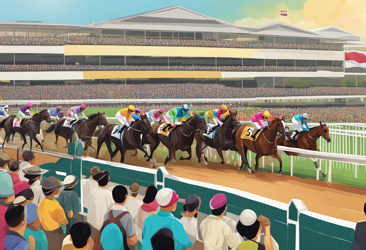 The Singapore race card depicts a colorful lineup of horses at the starting gate, with jockeys in bright silks and a bustling crowd in the background