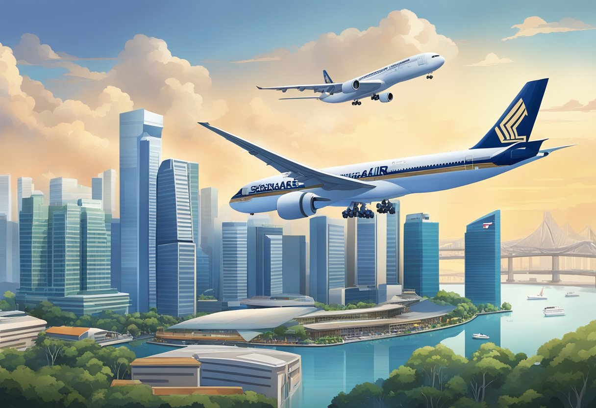 Singapore Air's history unfolds with a skyline of iconic landmarks, from the colonial era to modern skyscrapers, showcasing its evolution and growth