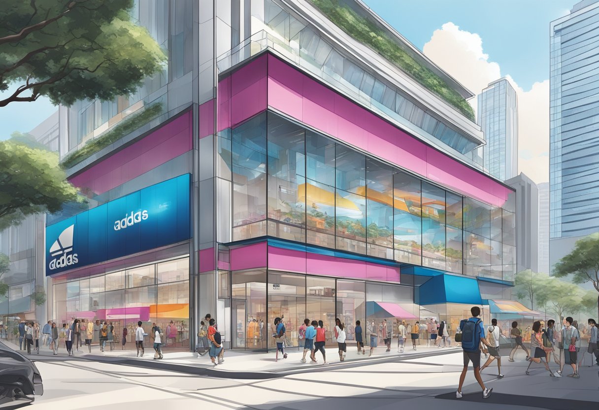 The iconic adidas Singapore store, set against a bustling city backdrop, with its sleek, modern architecture and vibrant branding