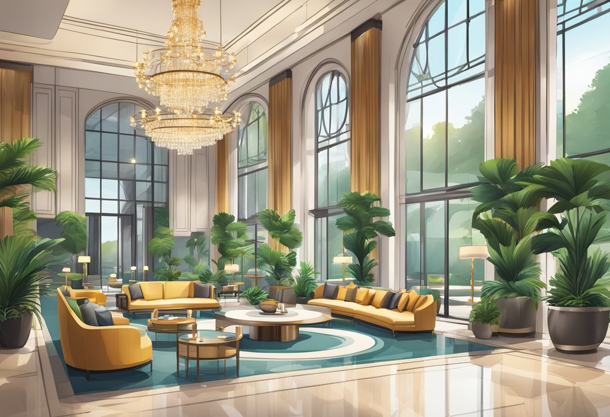 A luxurious hotel lobby with modern furniture, a grand chandelier, and a reception desk. Outside, a pool and lounge area with lush greenery