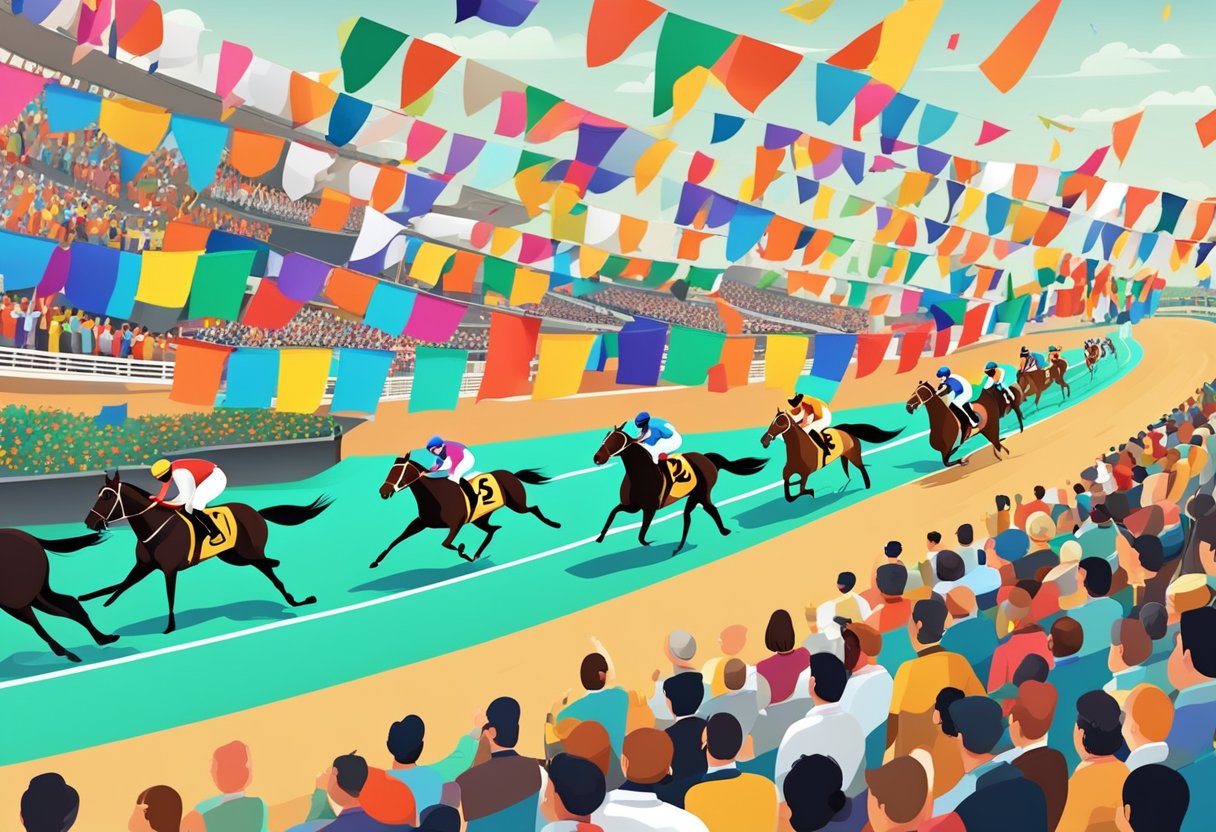 A crowded racetrack with colorful flags and banners, horses racing around a track, and spectators cheering from the stands