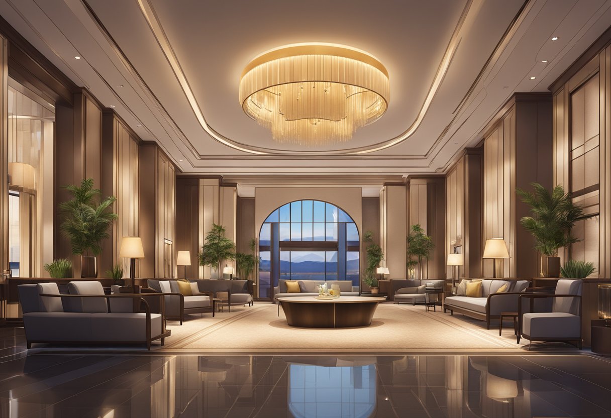 A luxurious hotel lobby with modern furnishings, warm lighting, and a welcoming reception desk. A concierge assists a guest while others enjoy the comfortable seating area