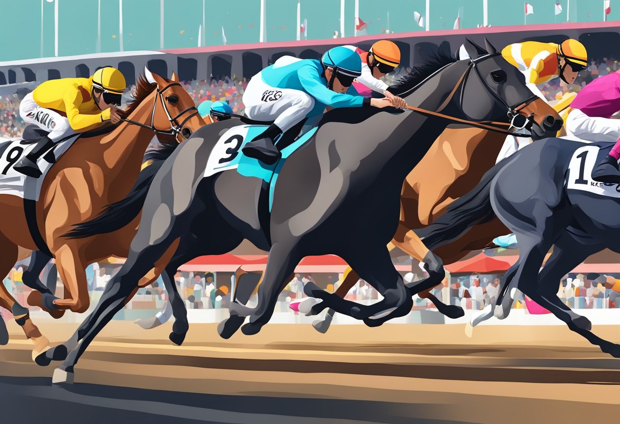 The Singapore Racing Scene: Horses galloping on the track, jockeys in colorful silks, grandstands filled with cheering spectators