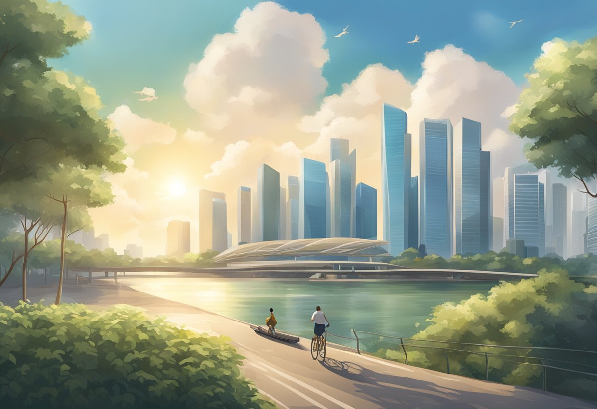Sunny skies over Singapore with a high of 32°C, scattered clouds, and a light breeze