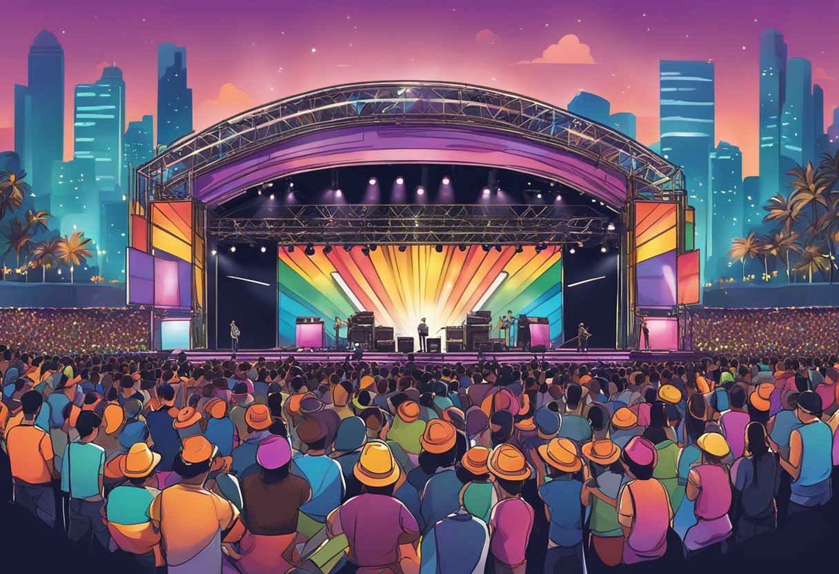 A stage with colorful lights and instruments set up for a performance by Bruno Mars in Singapore. The crowd is eagerly waiting for the show to begin