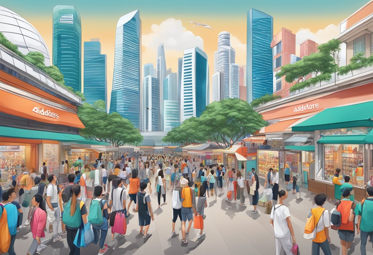 A bustling cityscape with iconic Singapore landmarks in the backdrop, showcasing Adidas stores and products amidst a diverse crowd