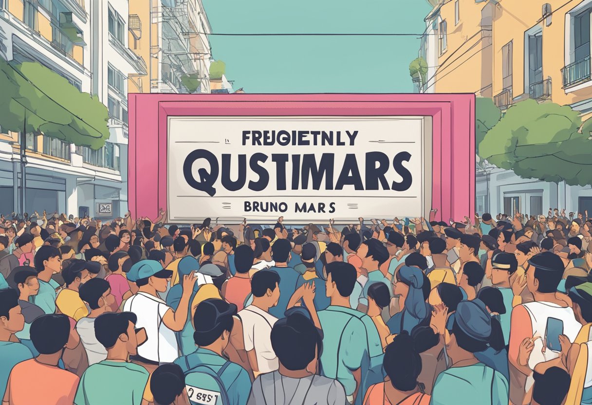 A crowd gathers around a large sign that reads "Frequently Asked Questions Bruno Mars Singapore" at a bustling event venue