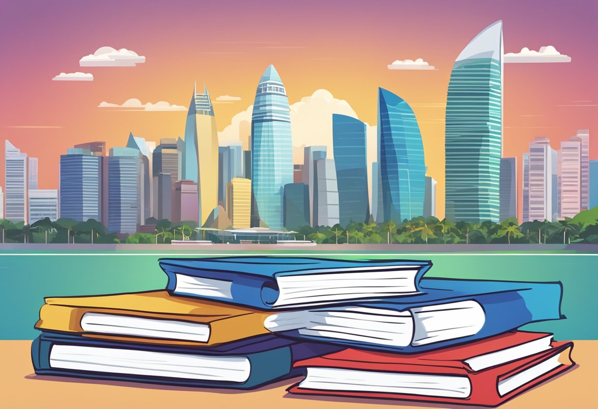 A stack of FAQ papers with "Frequently Asked Questions" written on top, set against a backdrop of Singapore's iconic skyline