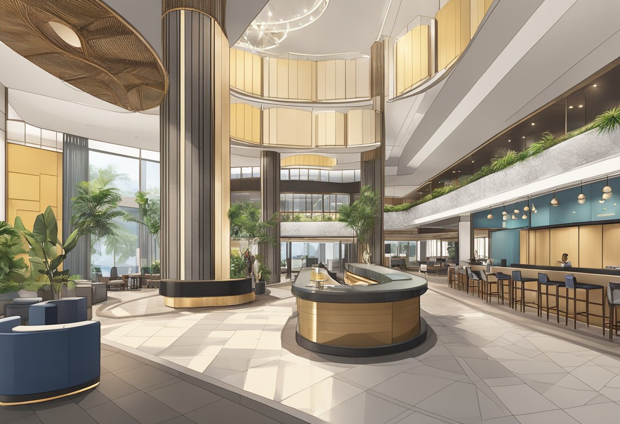 The lobby of the Social Hotel in Singapore, with a front desk, seating area, and a display of frequently asked questions for guests