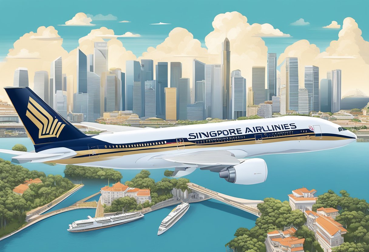 A luxurious Singapore Airlines plane soars through a clear blue sky, with a backdrop of iconic Singapore landmarks below