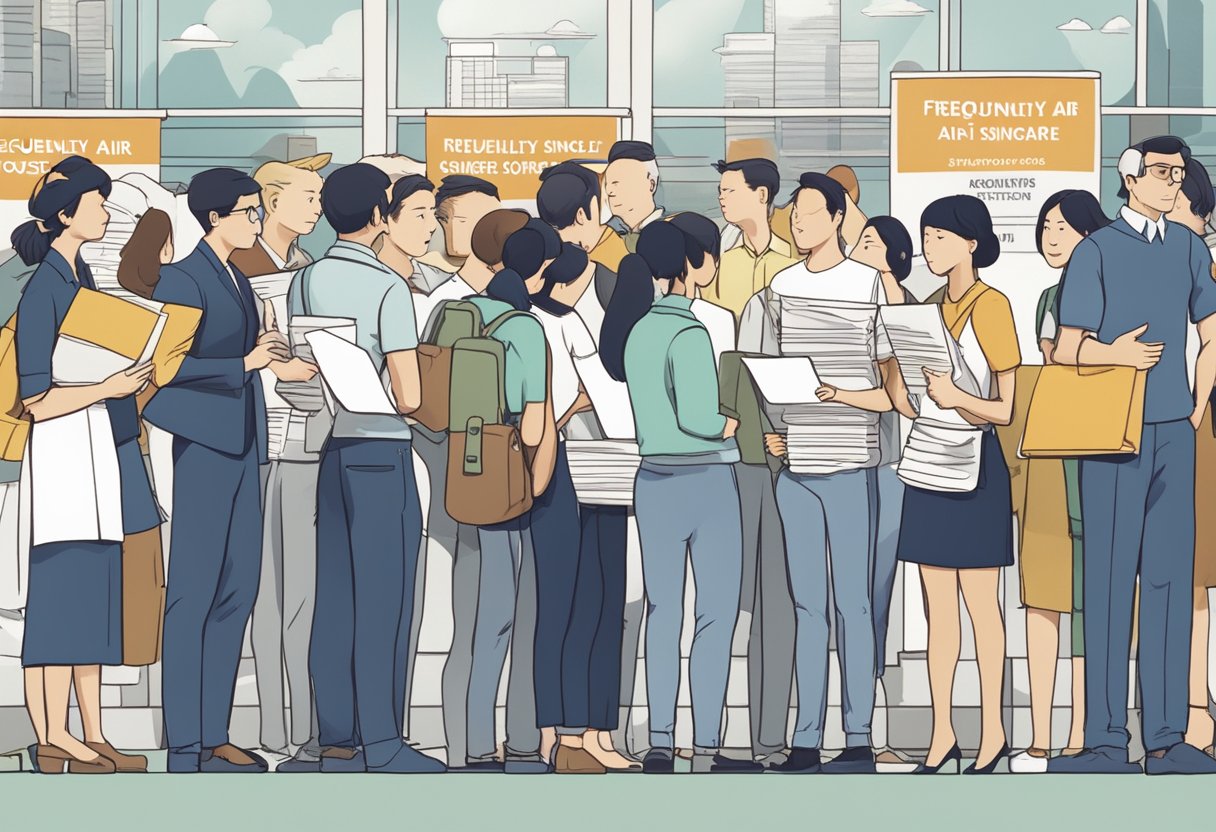 A group of people standing in line, holding papers and looking up at a large sign that reads "Frequently Asked Questions Singapore Air."