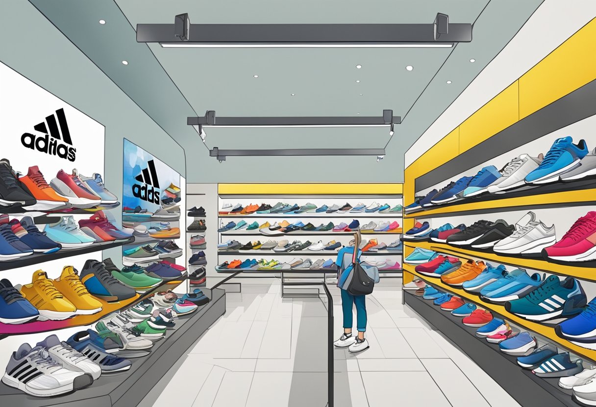 A bustling Adidas store in Singapore, filled with vibrant displays of sneakers and sportswear. Shoppers browse through the latest collections, while the iconic Adidas logo adorns the walls and merchandise