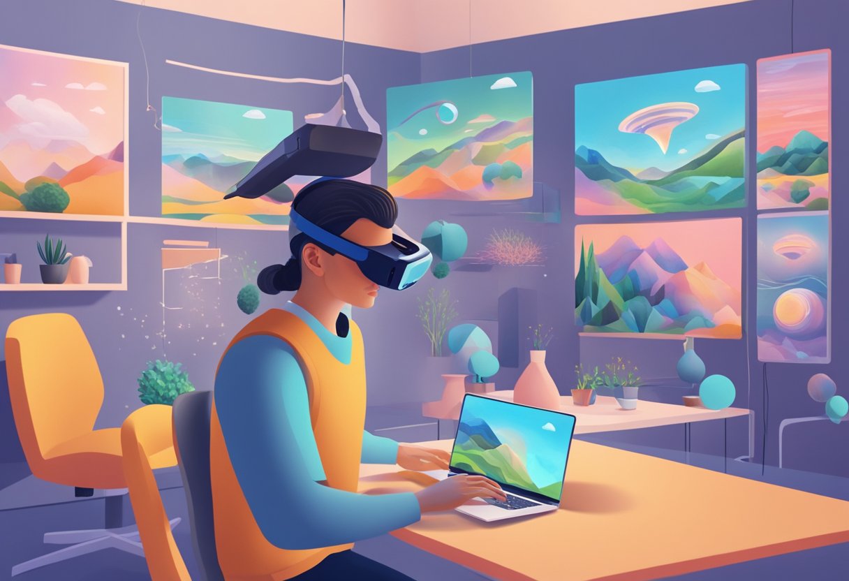 A person wearing a VR headset, surrounded by digital landscapes and interacting with virtual objects. Nearby, an AR device overlays digital information onto the real world