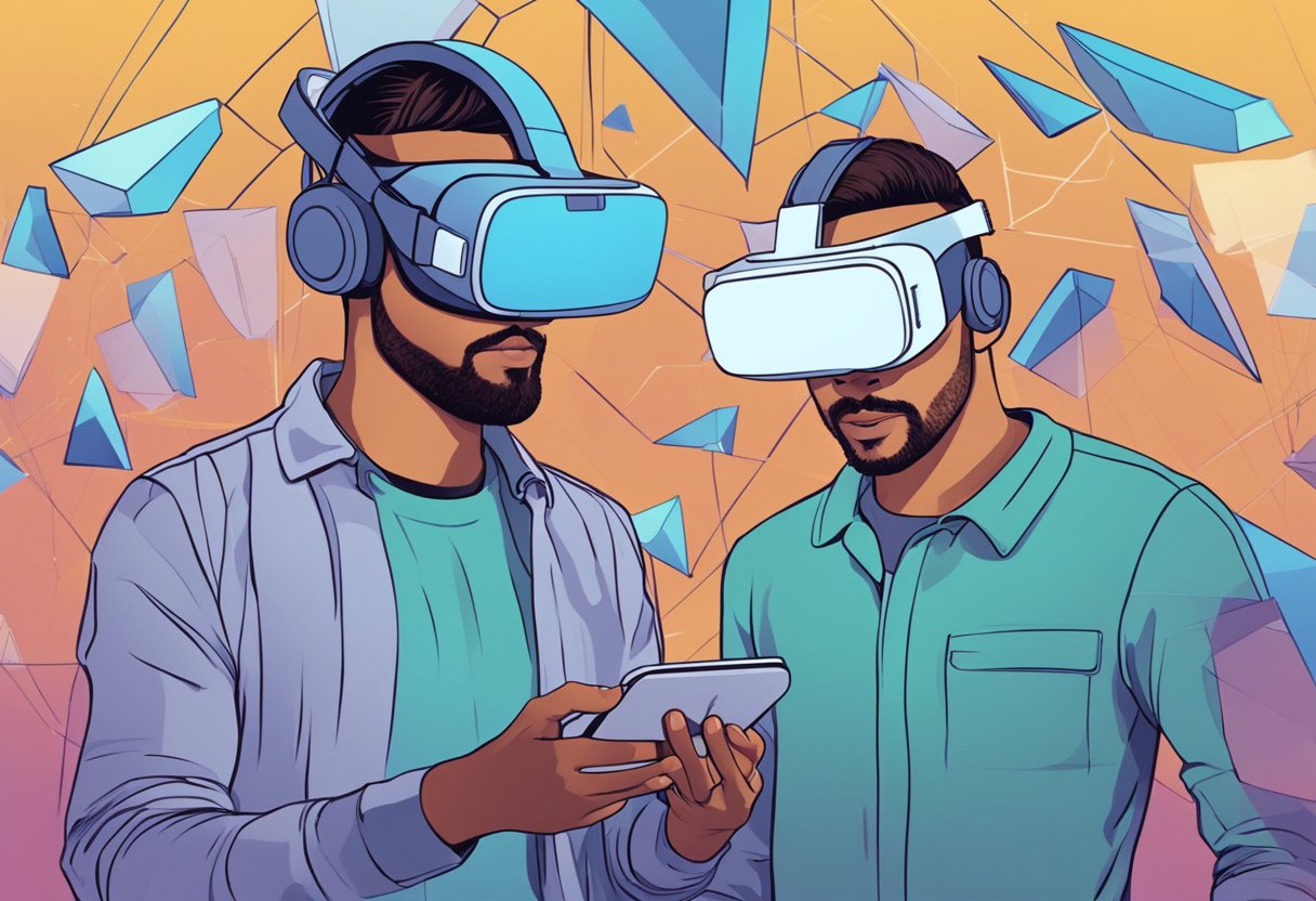 A person wearing a virtual reality headset explores a digital world, while another person uses augmented reality glasses to overlay digital information onto the real world