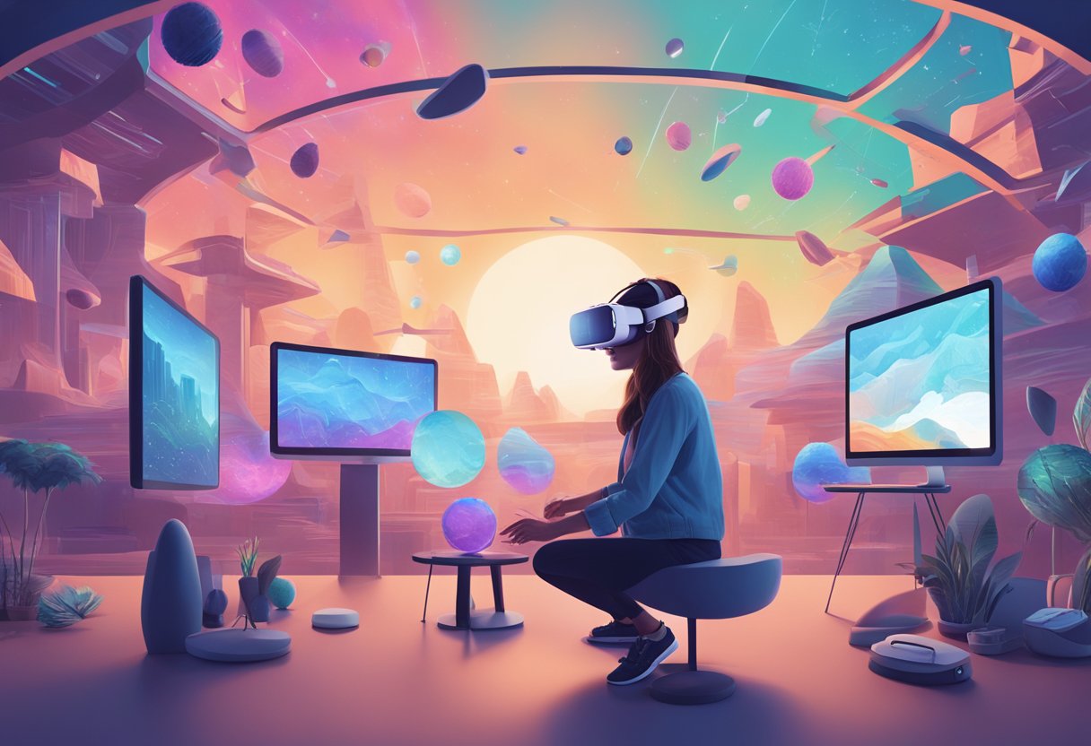 A person wearing a VR headset, surrounded by digital landscapes and interactive elements, with AR devices nearby for comparison