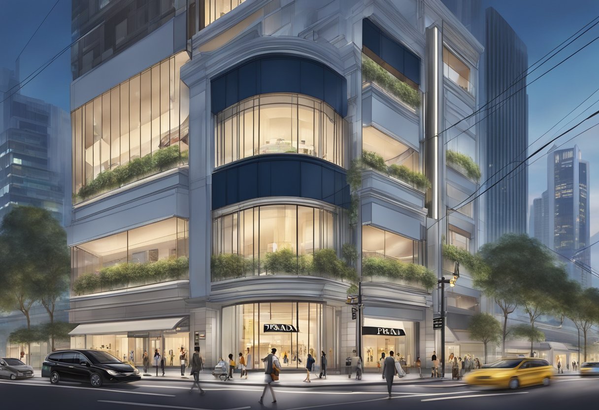 The iconic Prada store in Singapore, with its sleek and modern facade, surrounded by bustling city streets and vibrant urban energy