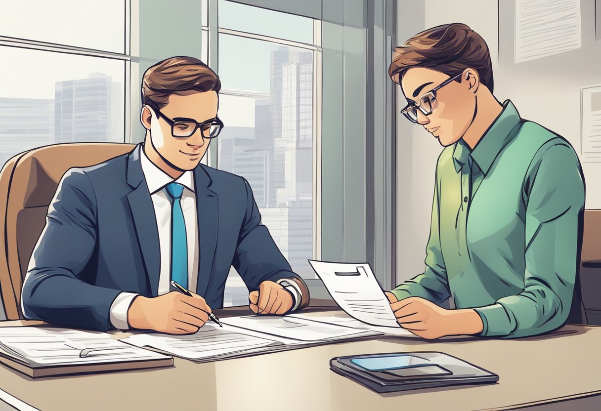 A person sitting at a desk, filling out a personal loan application form with a pen, while a bank officer looks on