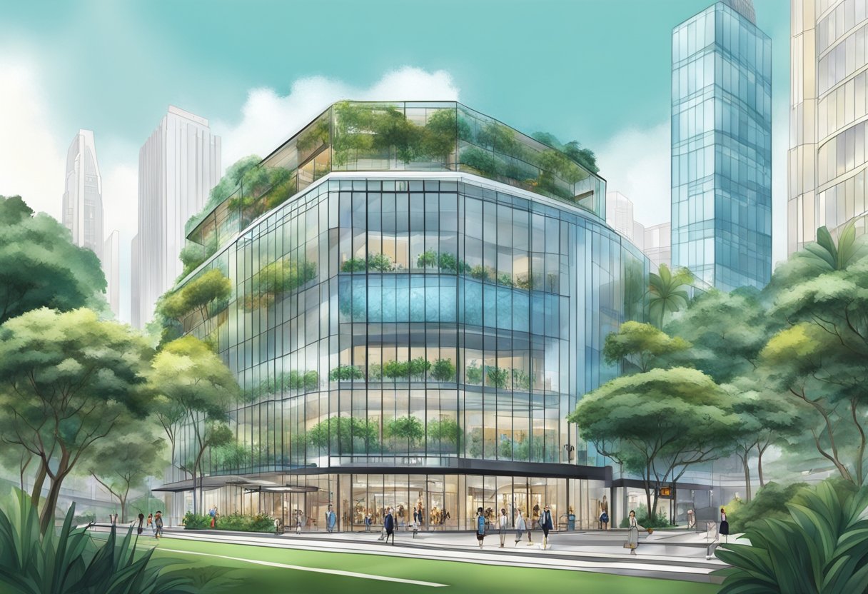 The iconic Prada store in Singapore gleams with modern glass and steel, surrounded by lush greenery and bustling city life