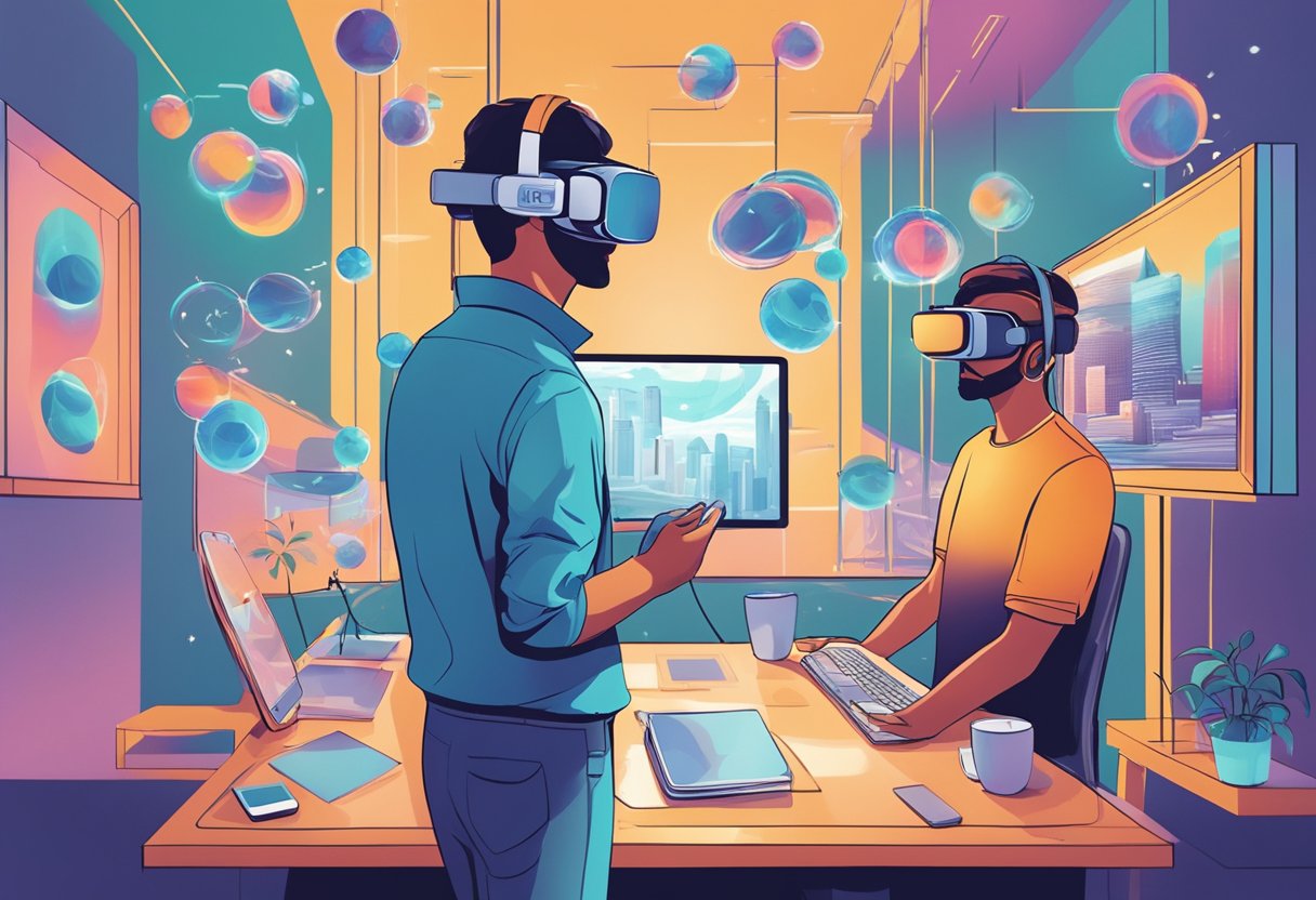 A person wearing a VR headset, surrounded by a virtual world, while another person uses AR glasses to interact with digital information overlaid on the real world