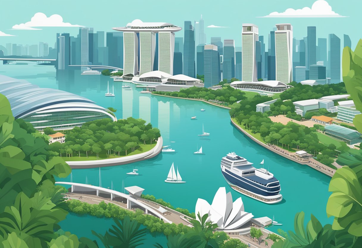 The iconic skyline of Singapore, with its modern skyscrapers and the iconic Marina Bay Sands, set against a backdrop of lush greenery and a bustling harbor