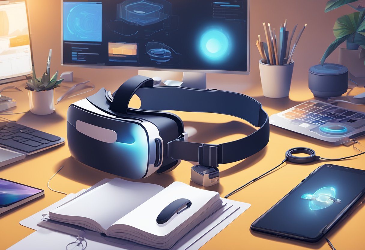 A virtual reality headset and an augmented reality device sit on a table surrounded by various industry tools and equipment. The gadgets are illuminated by a soft, ambient light, creating a sense of immersive experience