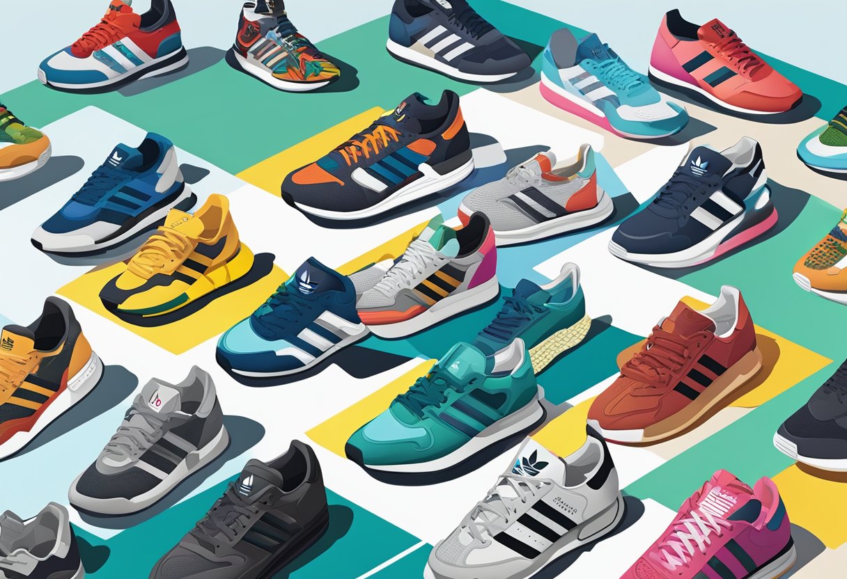 A stack of FAQ cards with the adidas Singapore logo, surrounded by a diverse group of sneakers in various styles and colors