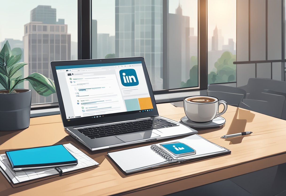 A laptop with the LinkedIn homepage open, a cup of coffee, and a notebook with a pen on a desk in a modern office setting