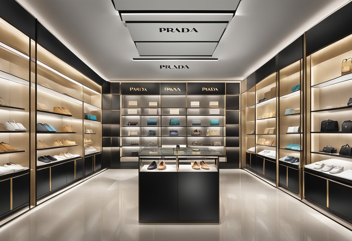 A sleek and modern display of Prada products in a Singapore boutique. Shelves and racks showcase luxury items with clean lines and elegant designs
