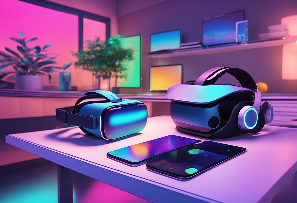 A virtual reality headset and an augmented reality device sit side by side on a sleek, modern table. The room is filled with futuristic technology and vibrant colors, creating an immersive and visually stimulating environment