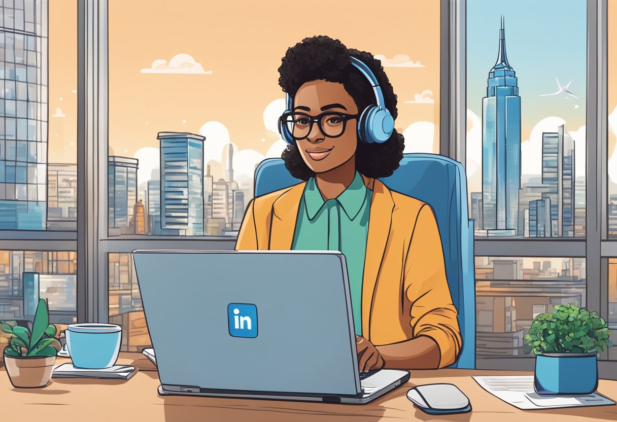 A person scrolling through LinkedIn on a laptop, surrounded by office supplies and a city skyline in the background