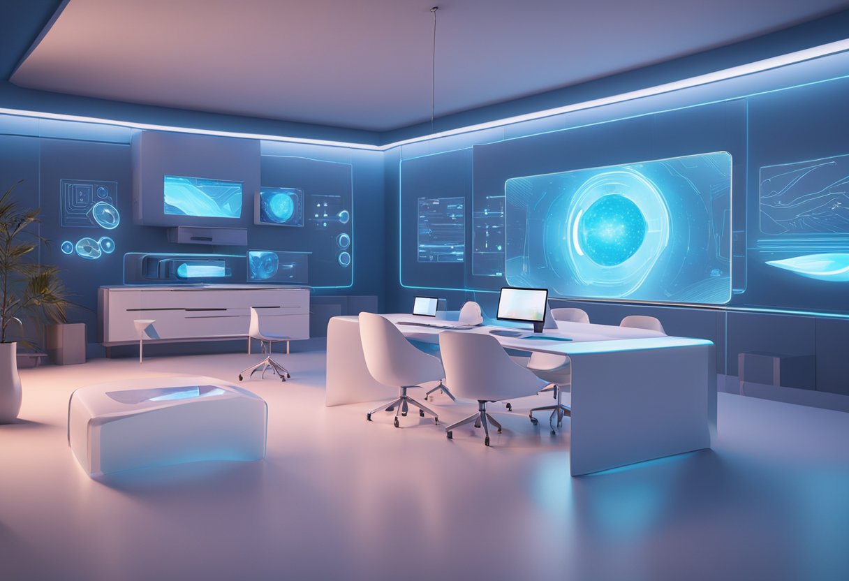 A futuristic room with VR and AR headsets on a sleek table, surrounded by holographic displays and interactive projections. The room is bathed in a soft blue light, creating a sense of immersion and technological advancement