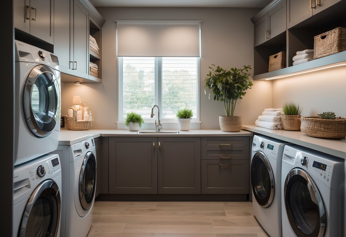 A compact laundry room with stacked washer and dryer, shelves for storage, and a folding table. Bright lighting and a neutral color scheme create a functional and inviting space