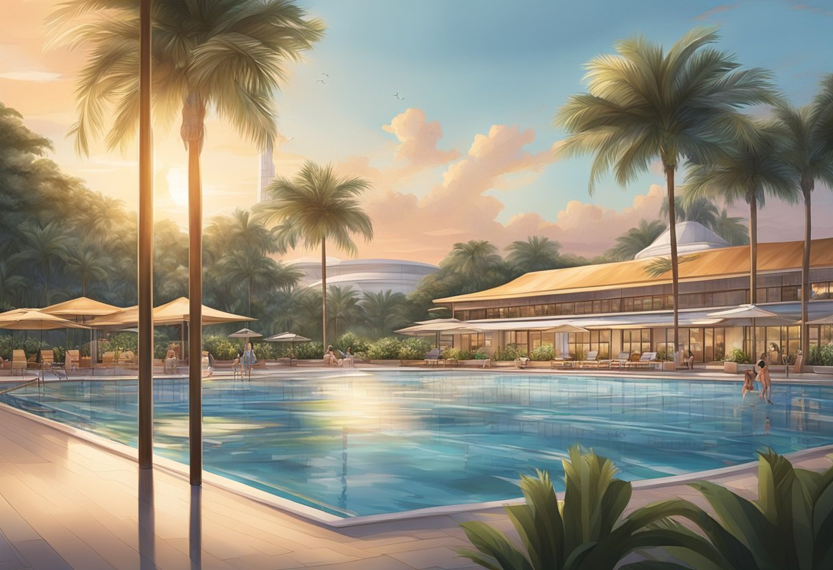 The sun sets over the Singapore Swimming Club, casting a warm glow on the calm waters of the pool. Palm trees sway gently in the breeze, and the club's iconic logo stands proudly at the entrance