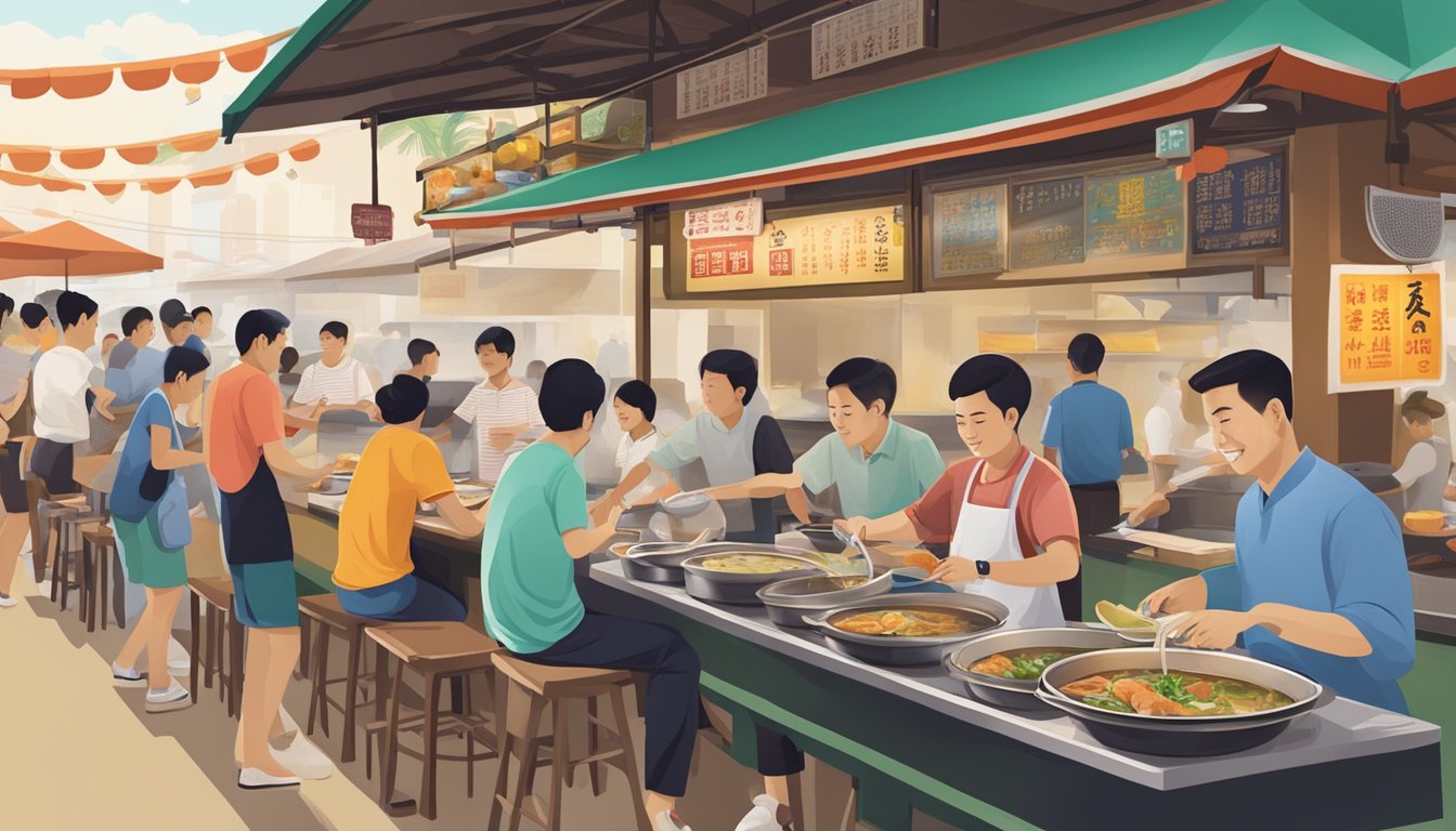 A bustling hawker center in Tampines, with steaming bowls of Wang Yuan fish soup being served amidst the lively atmosphere