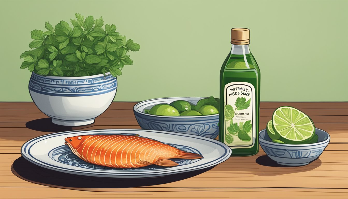 A bottle of Vietnamese fish sauce sits on a wooden table next to a bowl of fresh herbs and a plate of sliced limes. A traditional ceramic dipping dish is placed nearby