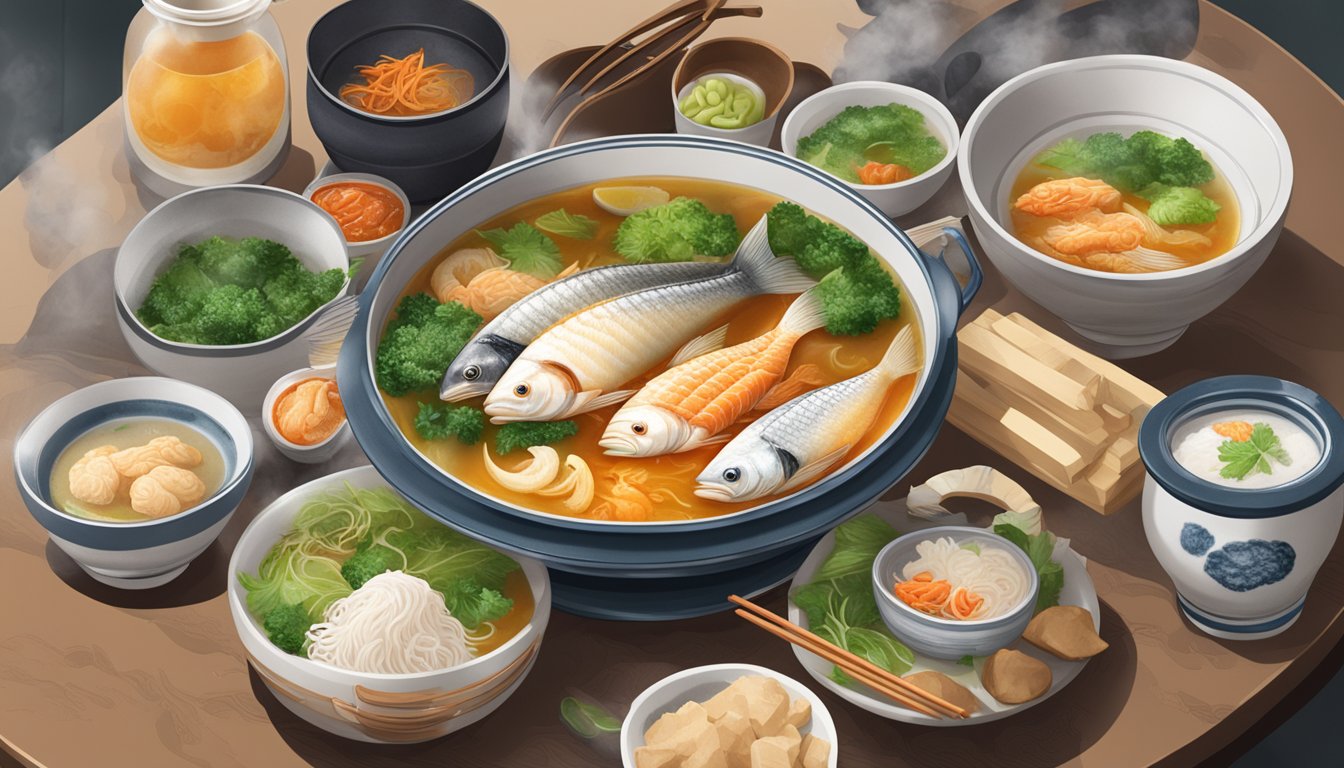 A steaming bowl of Wang Yuan fish soup sits on a table at Tampines, surrounded by condiments and utensils