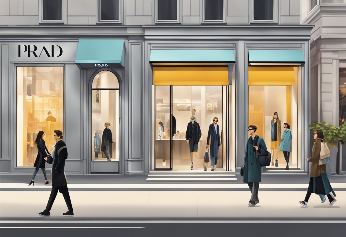 A sleek, modern storefront with bold Prada signage, surrounded by bustling city streets and stylish passersby