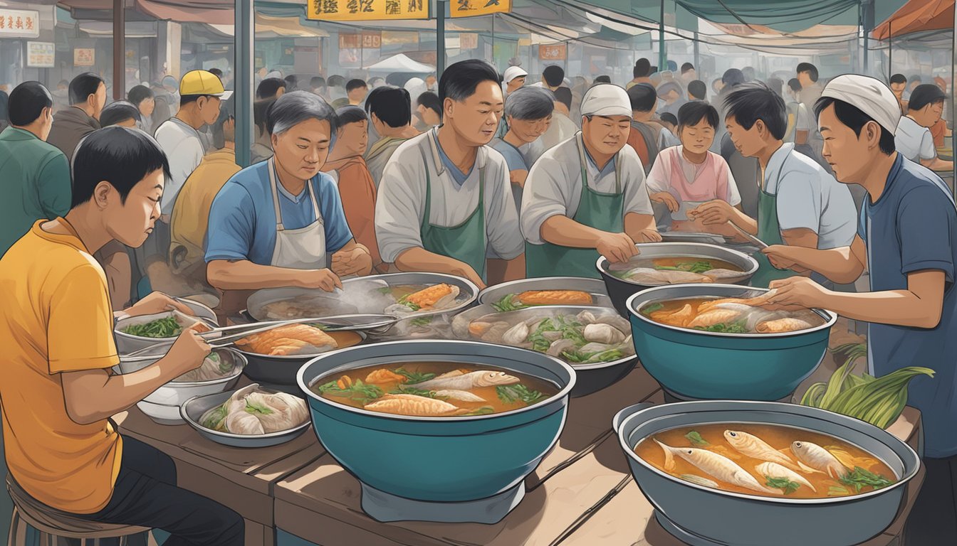 A steaming bowl of Wang Yuan fish soup sits on a table in a bustling Tampines market, surrounded by customers and vendors