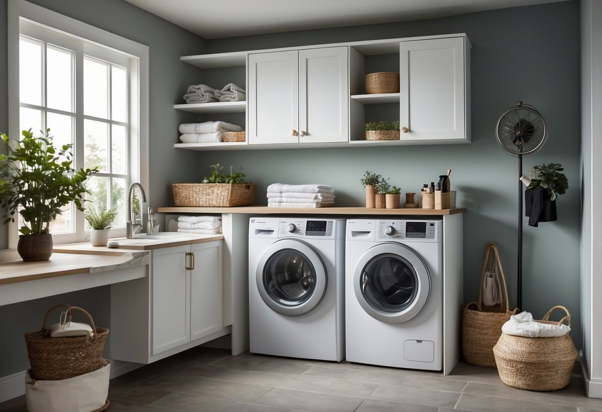 A small laundry room with white cabinets, a hanging rod, and a folding table. A stackable washer and dryer sits against the back wall, with shelves for storage above