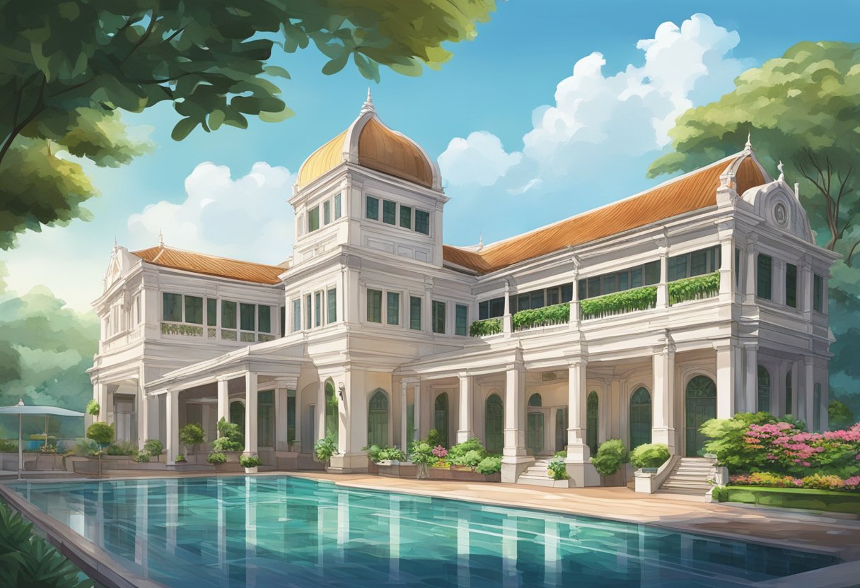 The Singapore Swimming Club's historic building stands proudly beside the glistening pool, surrounded by lush greenery and traditional architectural elements