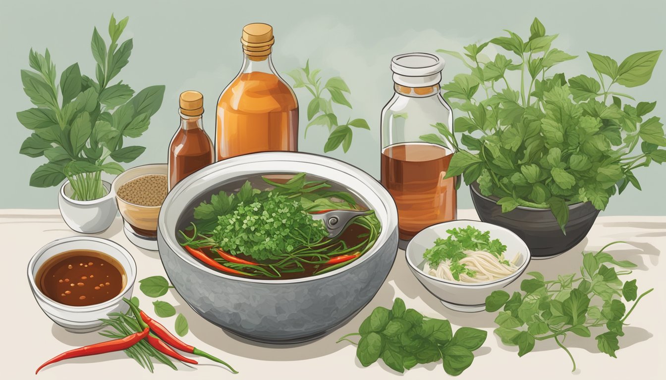 A bottle of Vietnamese fish sauce surrounded by fresh herbs, chili peppers, and garlic, with a bowl of steaming pho in the background