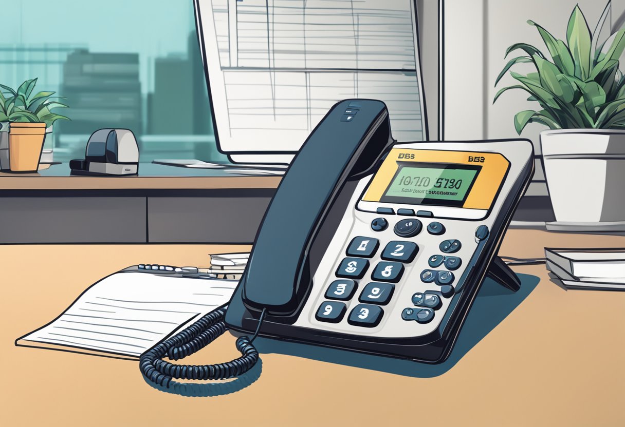 A ringing phone on a desk, with the "DBS Hotline Singapore" logo displayed on the screen