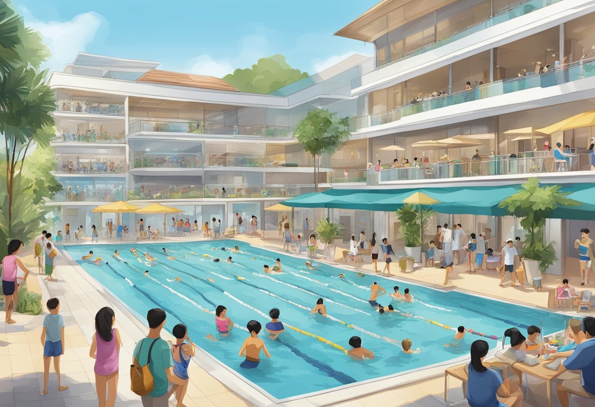 The Singapore Swimming Club facilities bustling with swimmers and families enjoying various activities such as swimming, sunbathing, and socializing by the pool