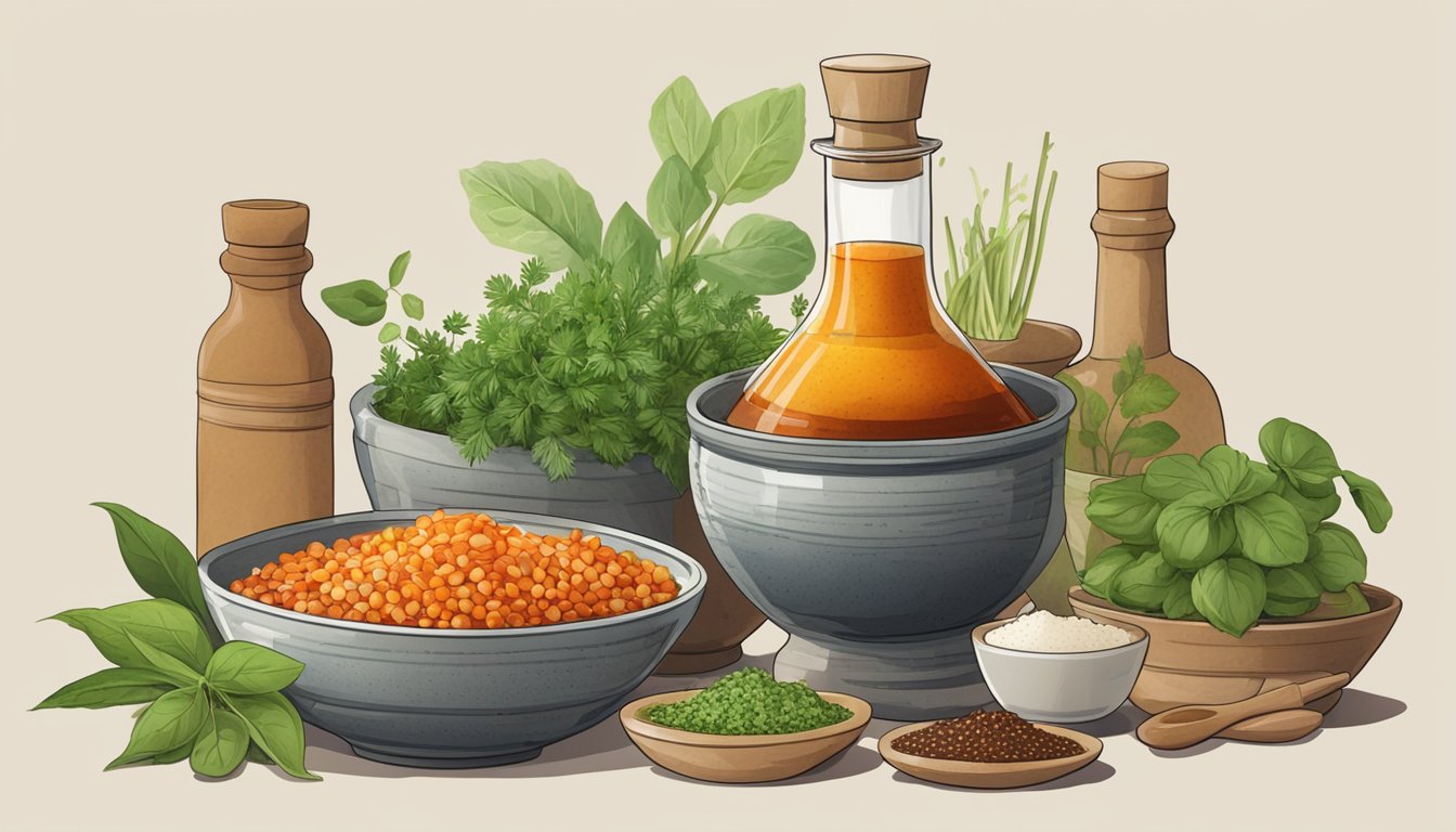 A bottle of Vietnamese fish sauce surrounded by a stack of bowls, a mortar and pestle, and a variety of fresh herbs and spices