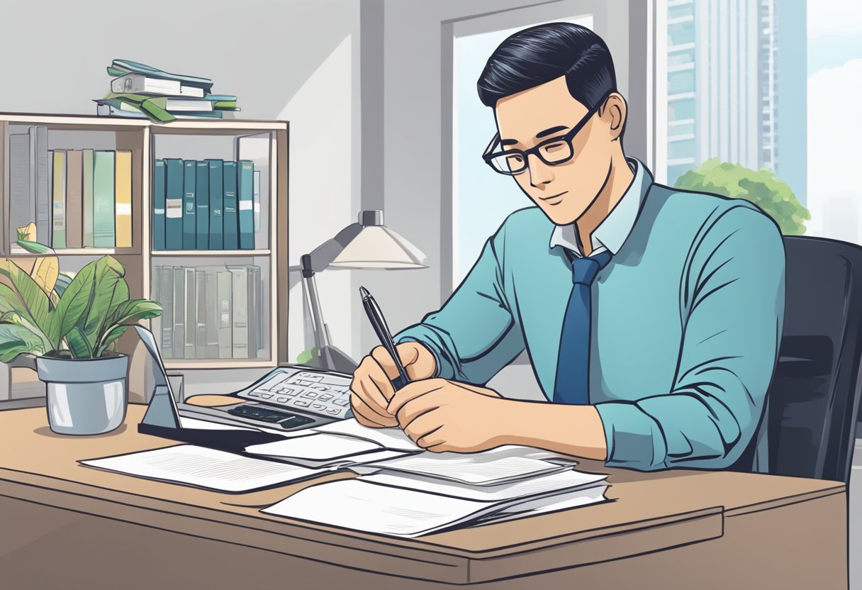 A person sits at a desk, reading documents labeled "Personal Loan Singapore." A calculator and pen are nearby, indicating financial analysis