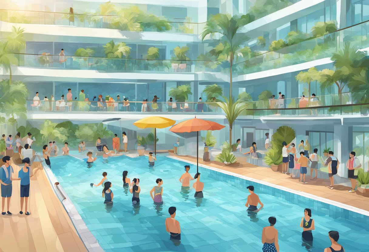 People at the Singapore swimming club ask questions. The club is busy and lively. The pool is large and inviting